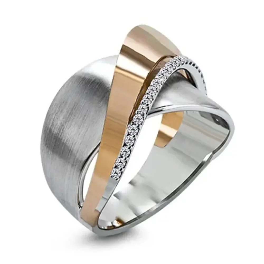 Vintage Wide Cross Band Style - Ring Silver & Rose Gold Plated Inlaid Zircon - Picture 2 of 3